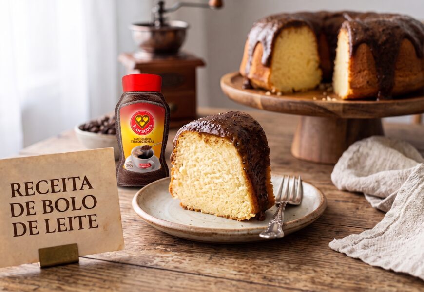 Receita de bolo de leite com cobertura de cafe