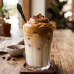 Dalgona Coffee servido em um copo.