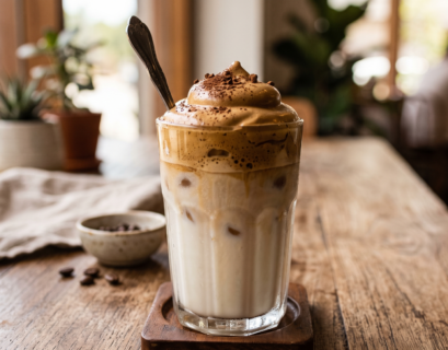 Dalgona Coffee servido em um copo.