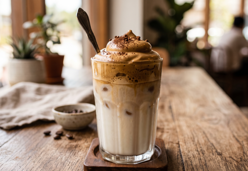 Dalgona Coffee servido em um copo.