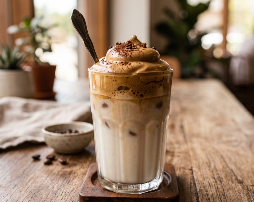 Dalgona Coffee servido em um copo.