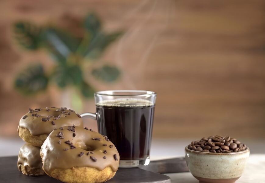 Donuts com cobertura de cafe sendo servido ao lado de uma xicara de cafe