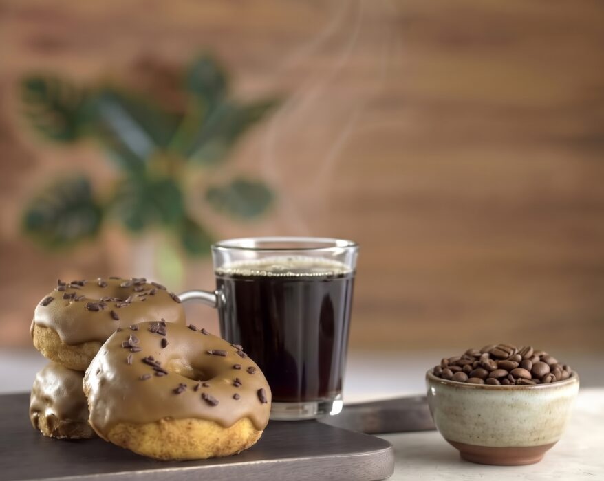 Donuts com cobertura de cafe sendo servido ao lado de uma xicara de cafe