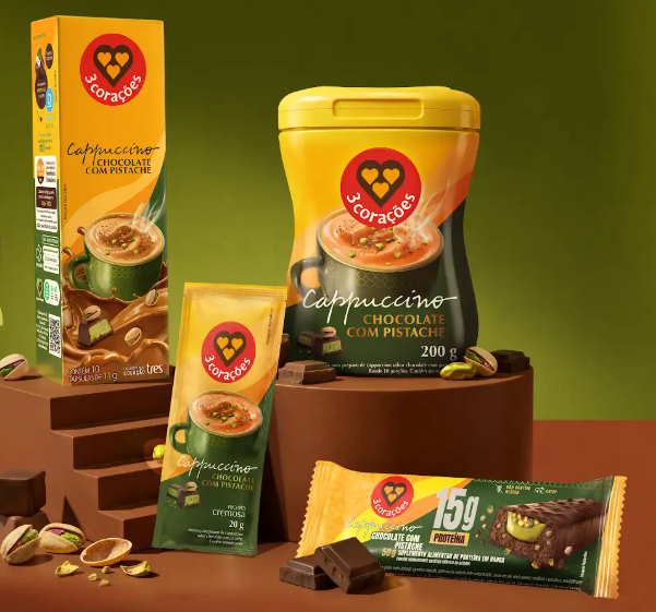 Lancamento dos produtos de chocolate com pistache sendo capsulas, pote, sache e barra de proteina